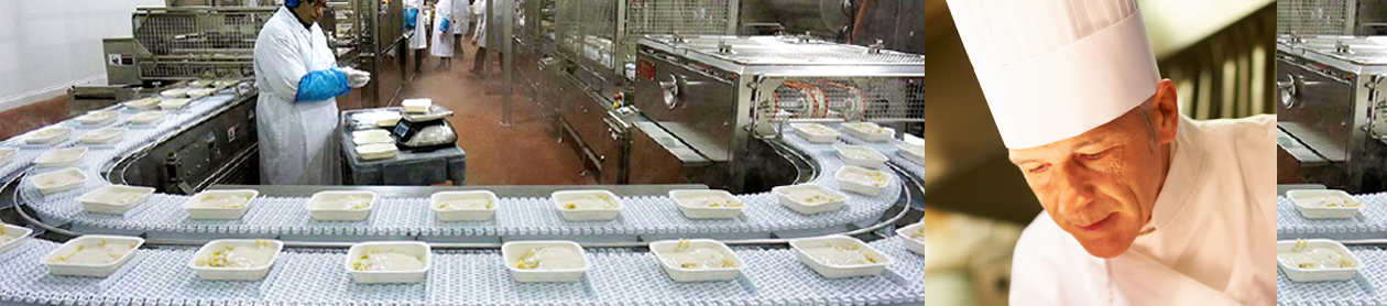 Capabilities. GFSI certified food production facility. Food trays on a conveyor belt. Inset of chef.