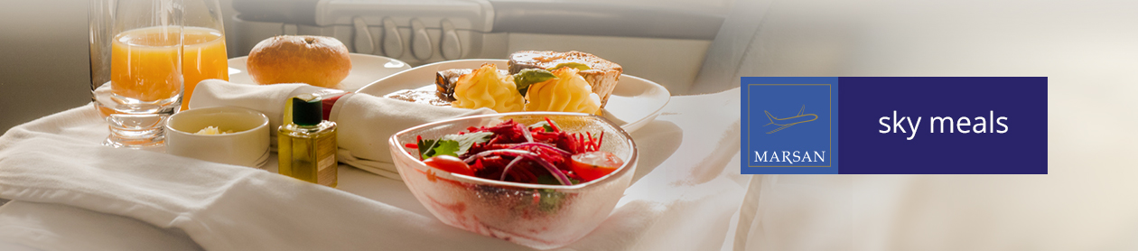 Sky Meals. Meal serving on a tray table on a flight.